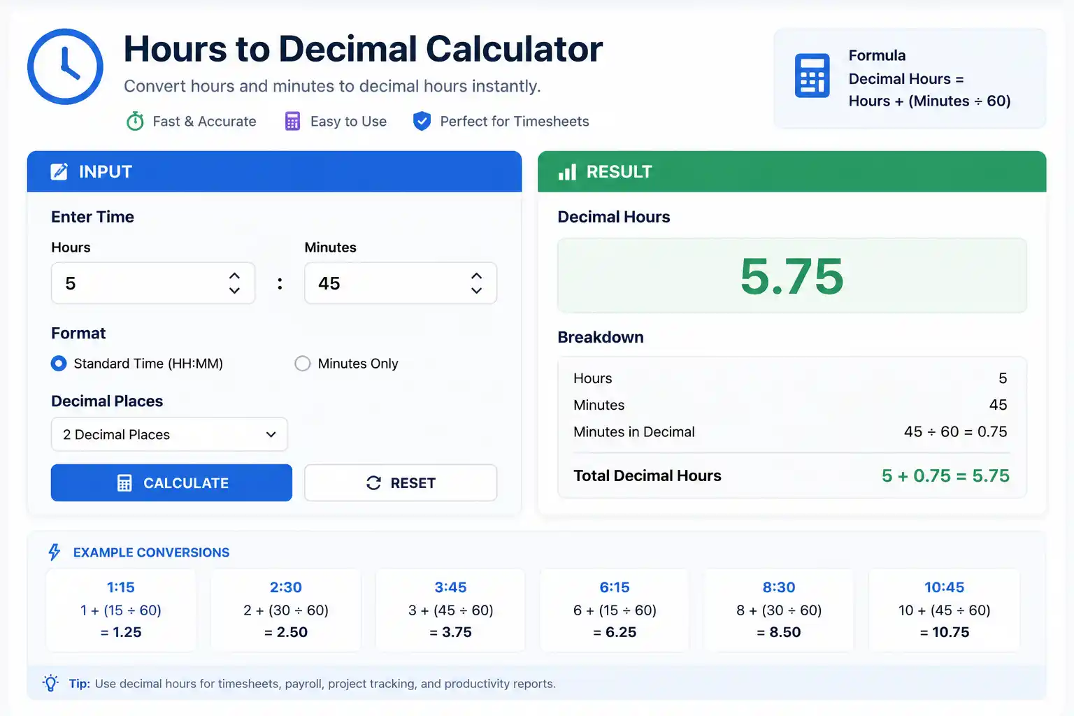 Hours to Decimal Calculator