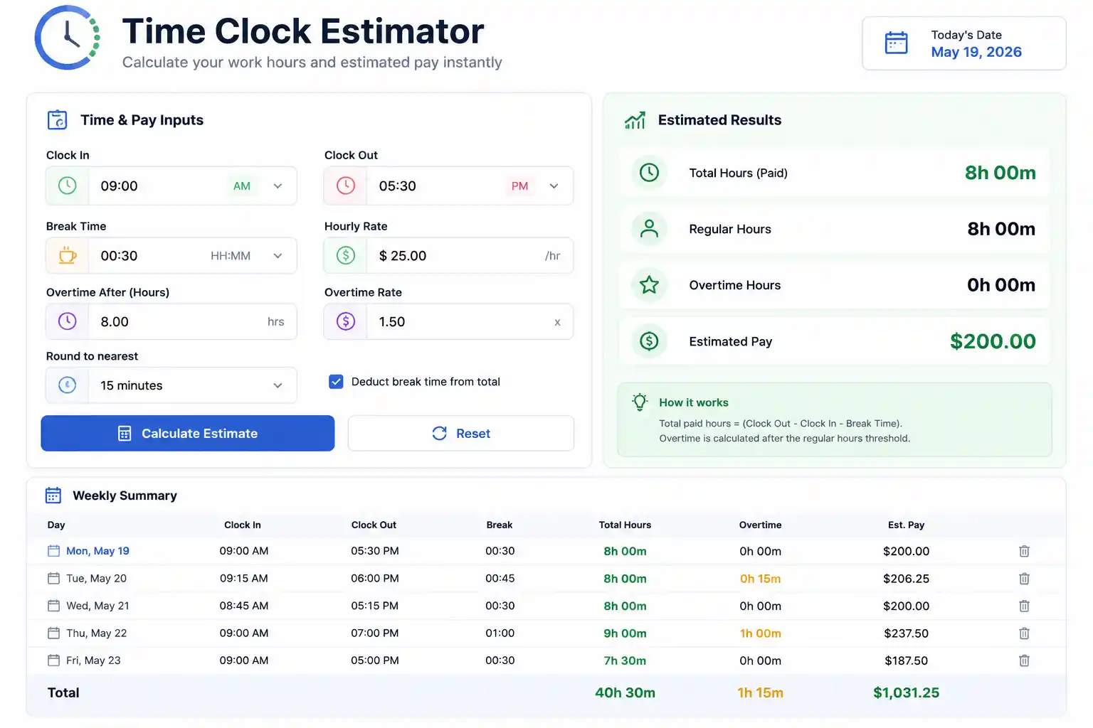 Time Clock Estimator