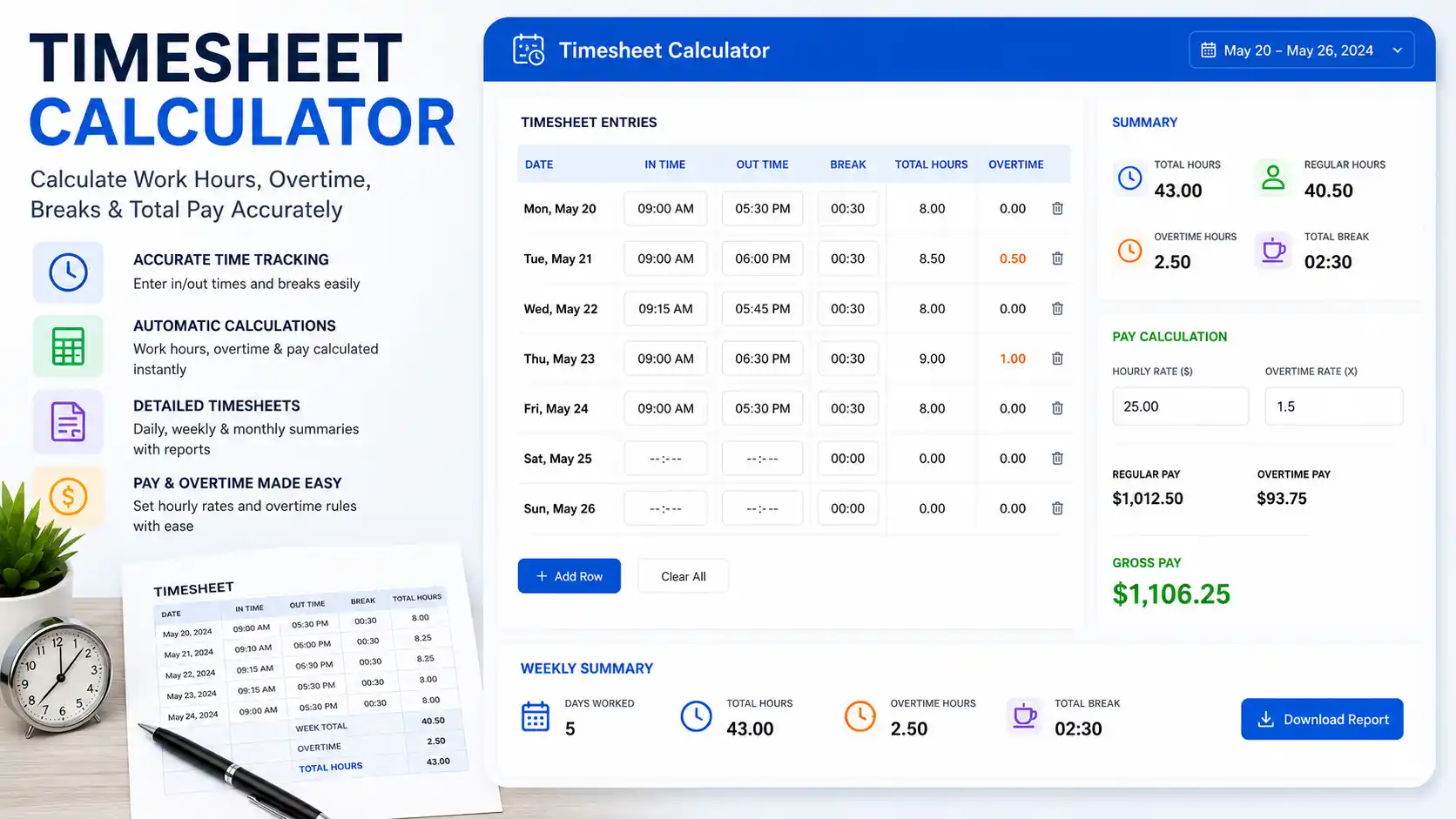 Timesheet calculator app interface mockup